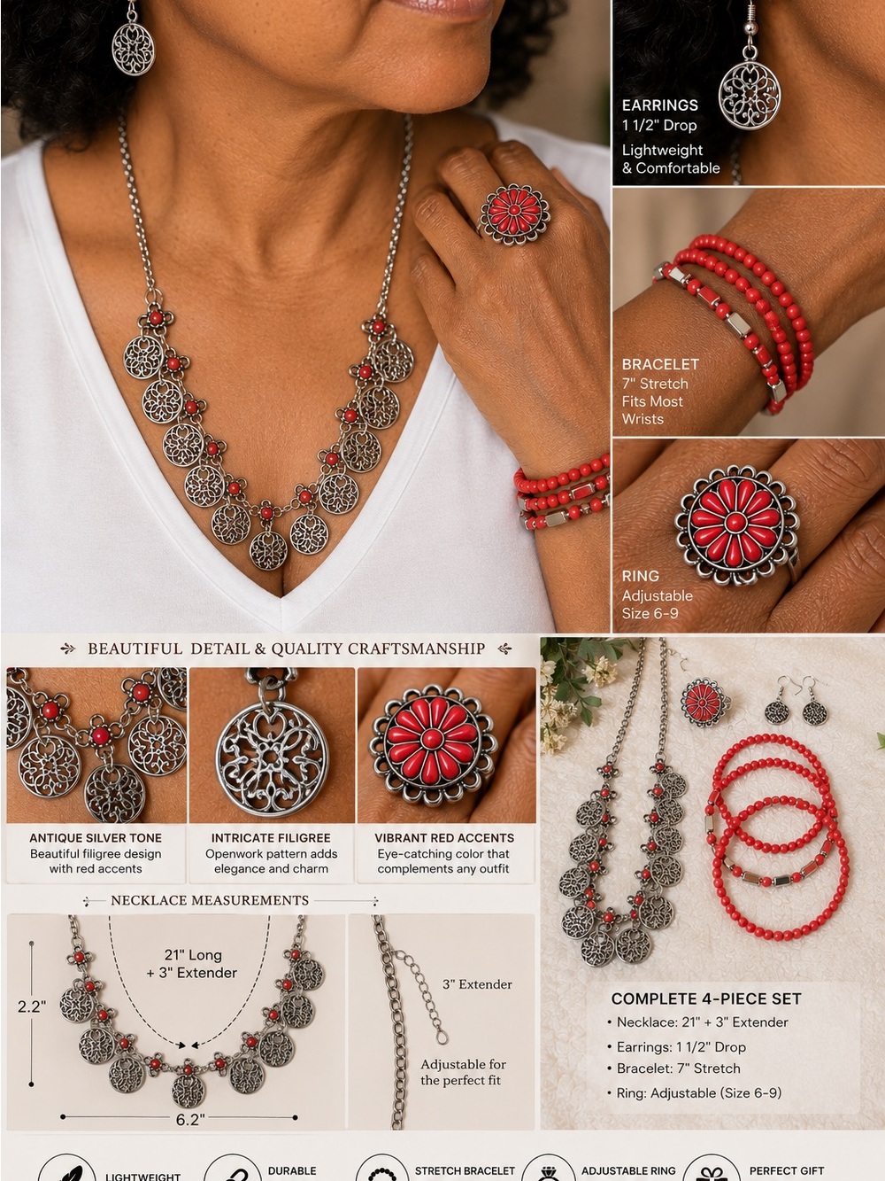 4pcs Antique Silver-Tone Filigree Jewelry Set with Vibrant Red Accents
